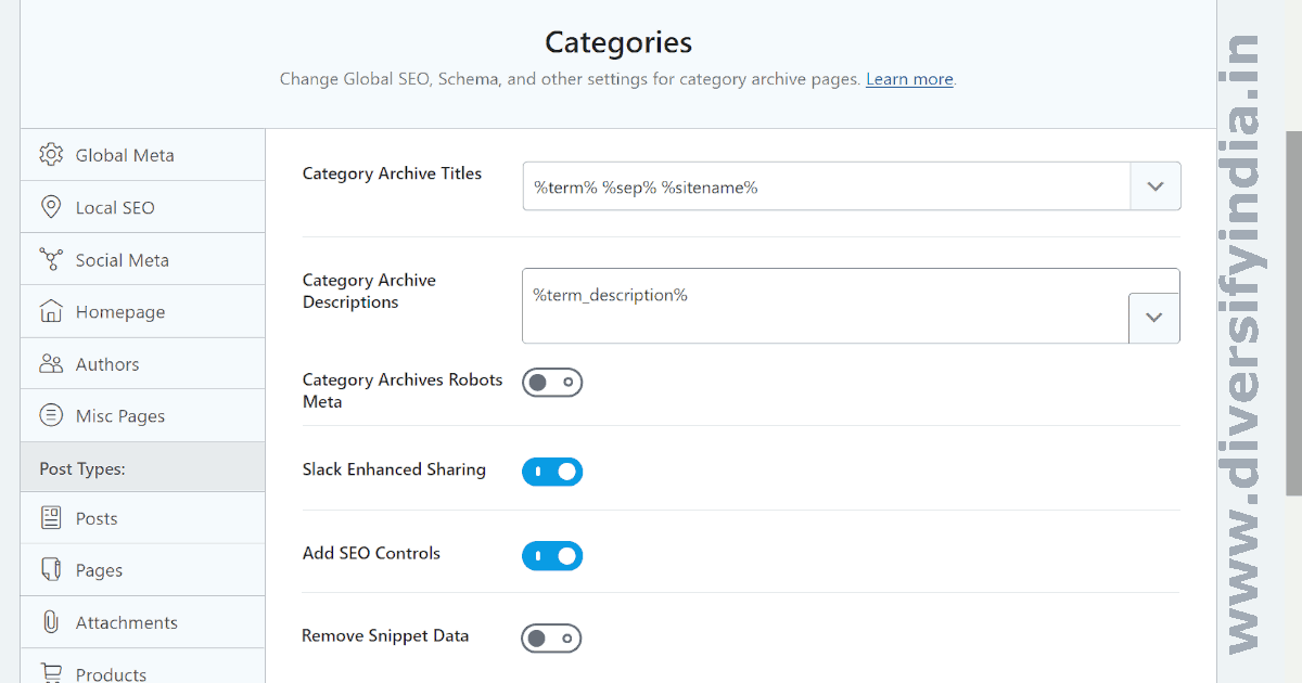 Rank Math Setting for Categories Archive