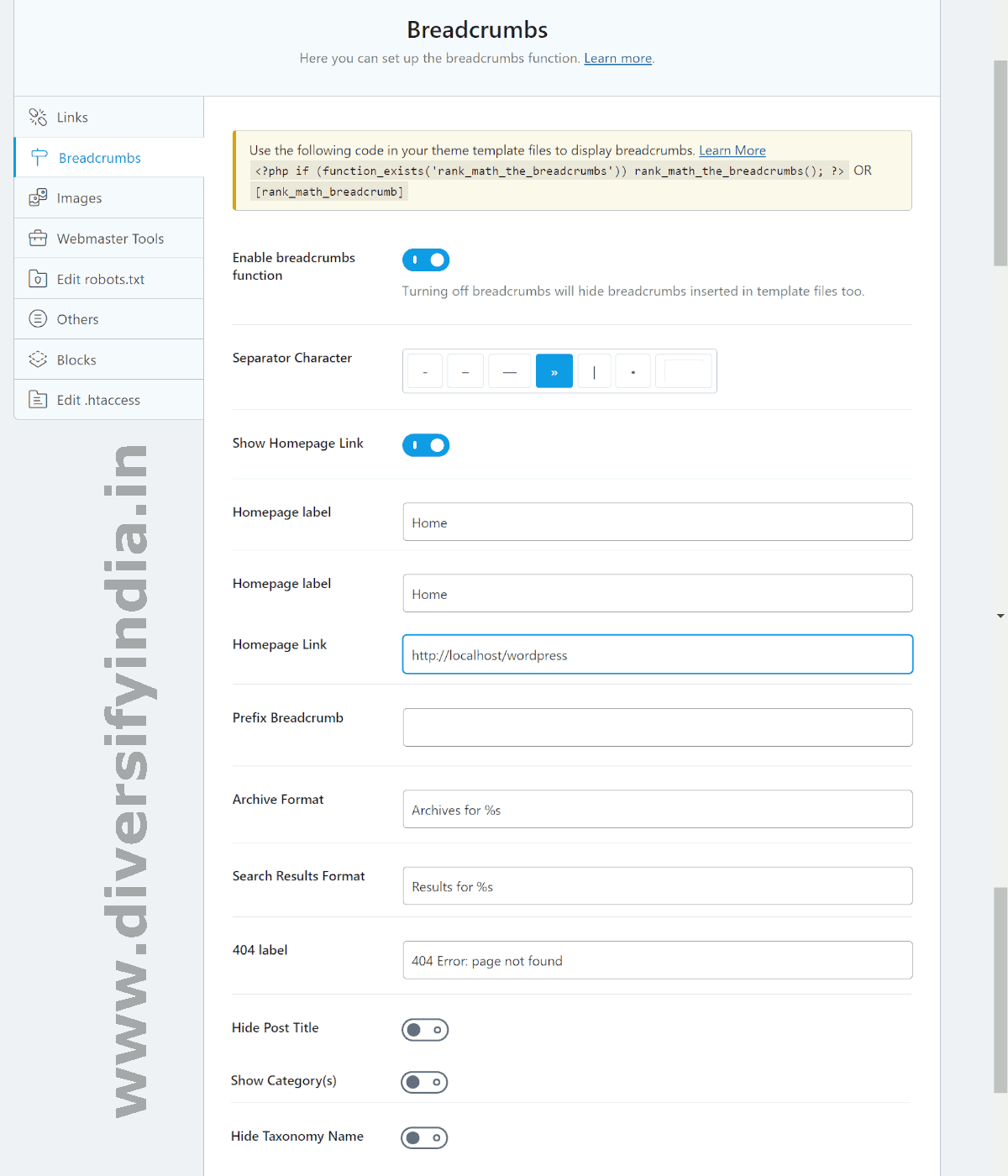 Rank Math BreadCrumb Schema Settings