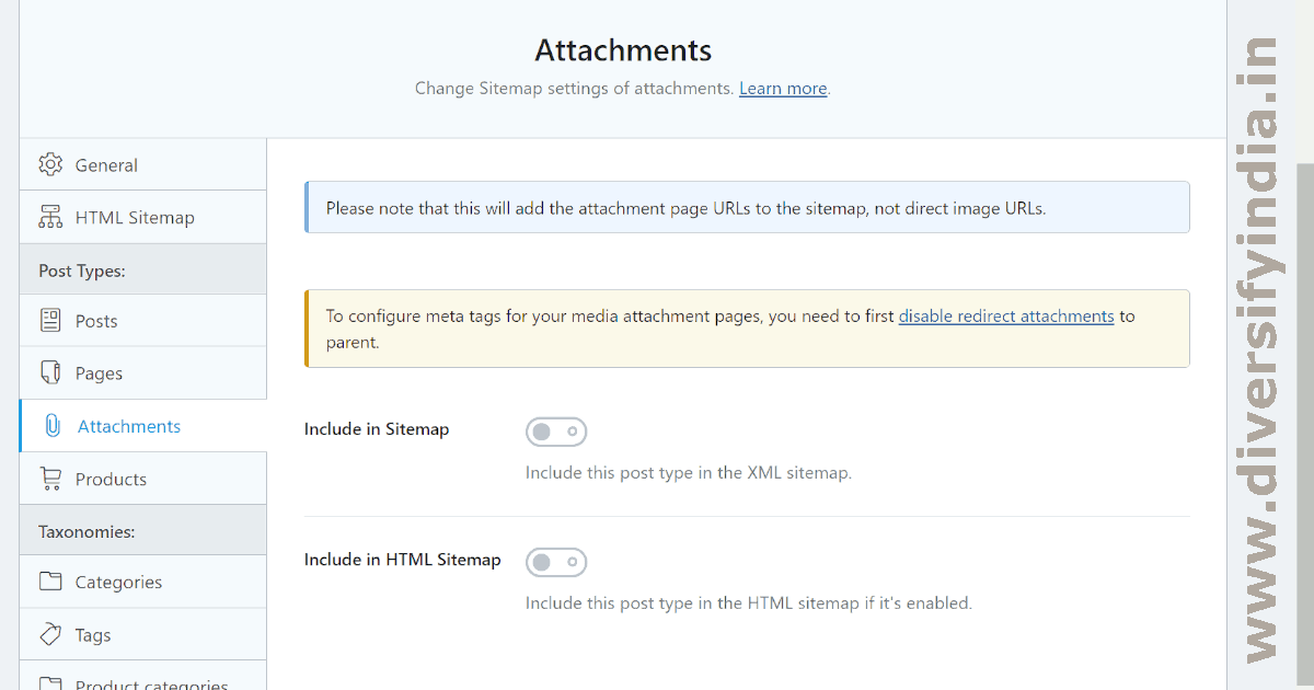 Disable Attachment Sitemap Settings