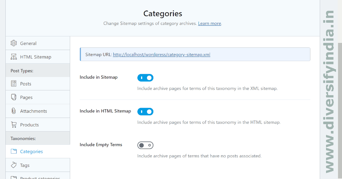 Categories Sitemap Settings