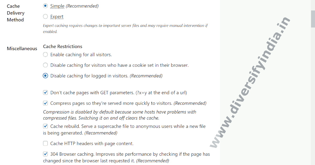 WP Super Cache Simple Mode Settings