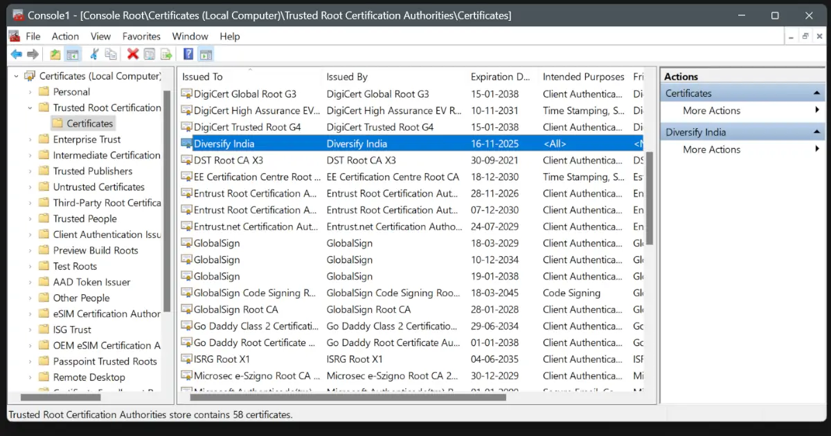 Check Certificate in Microsoft Management Console